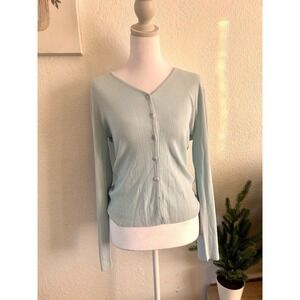 Light Baby Blue Ribbed Button Front V Neck Cardigan Women's L Preppy Cleangirl‎
